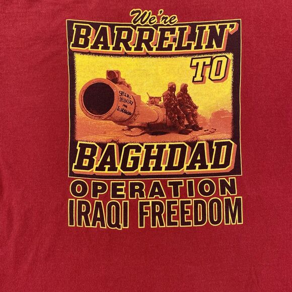 Operation Iraqi Freedom T-Shirt Mens Large Red We're Barrel In' To Baghdad USA - Picture 1 of 16